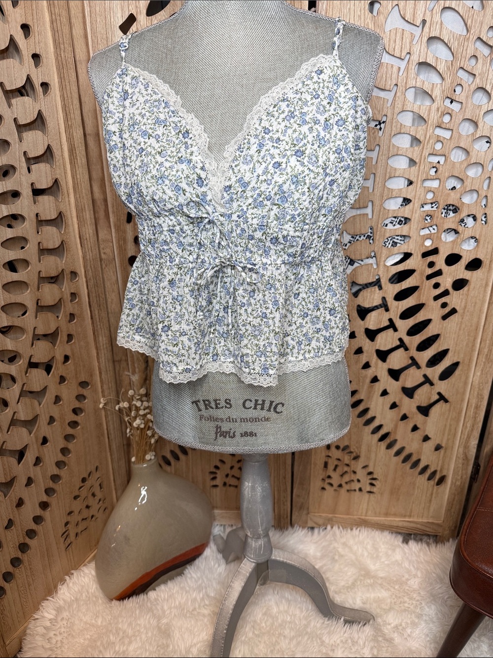 No Boundaries Blue and White Floral Lace-Trim Cami